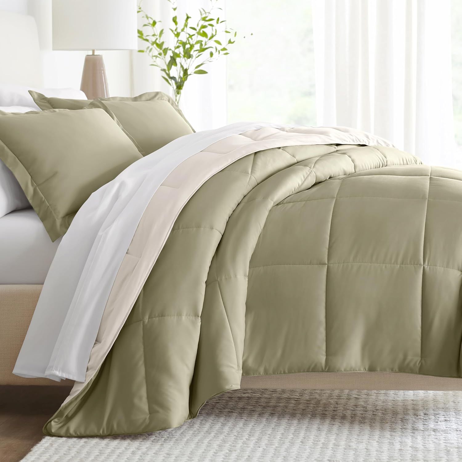 Sage and Off-White Twin Reversible Microfiber Comforter Set