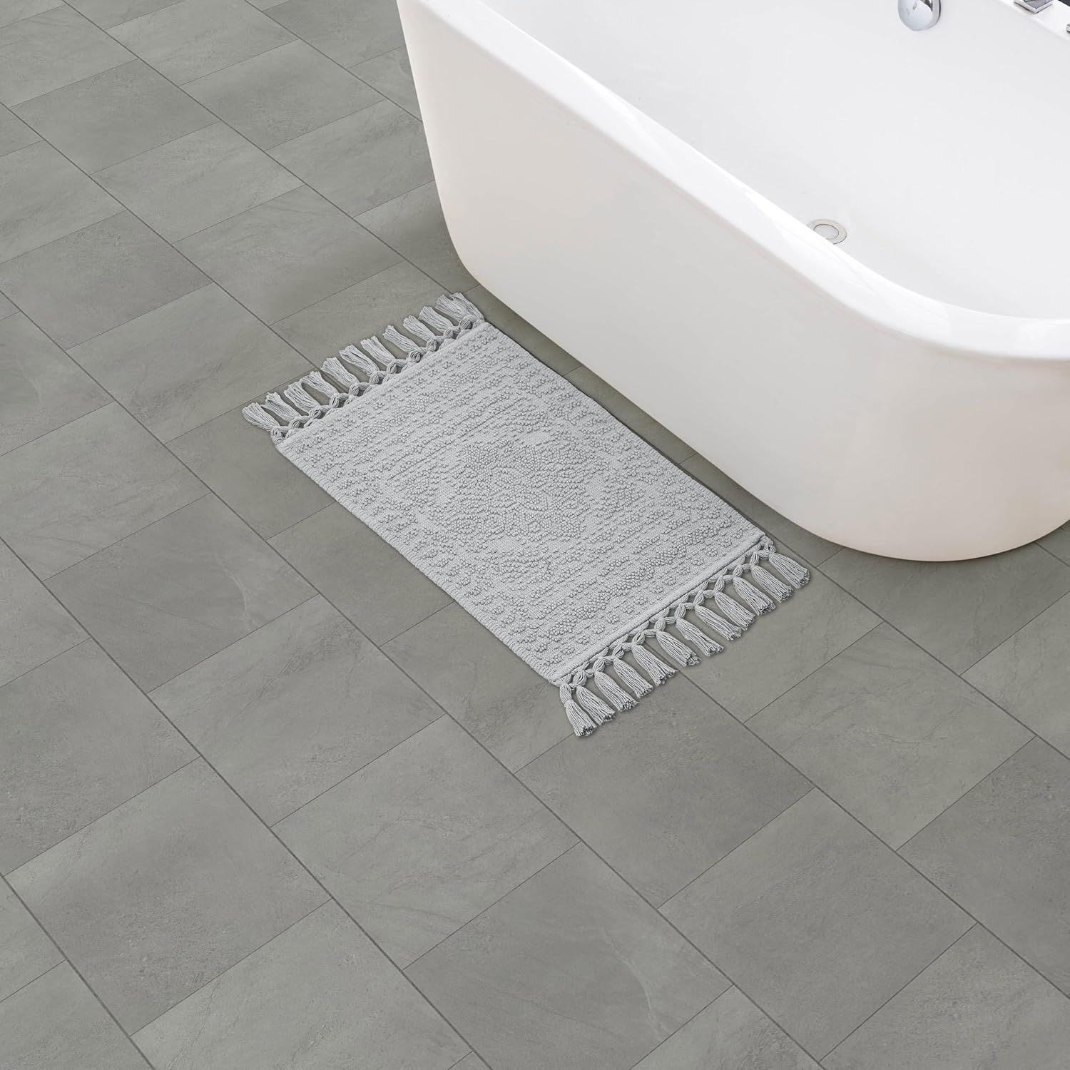 Light Grey Cotton Fringe Bathroom Rug, 17" x 24"