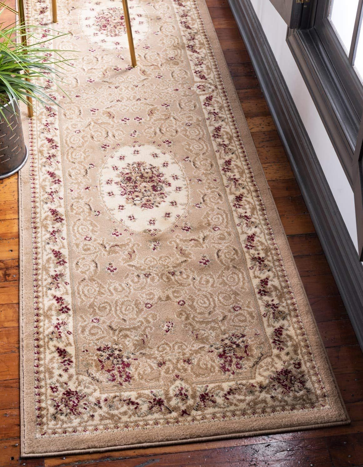 Tan Floral Synthetic Stain-Resistant Runner Rug