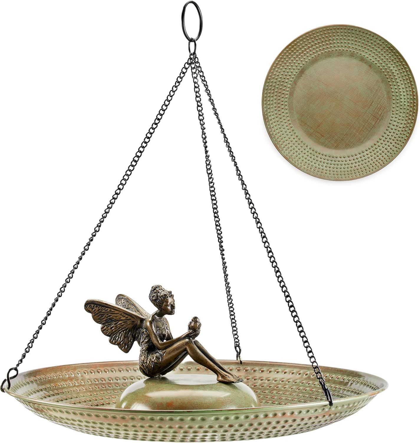 18" Hanging Blue Verde Copper Bird Bath with Fairy