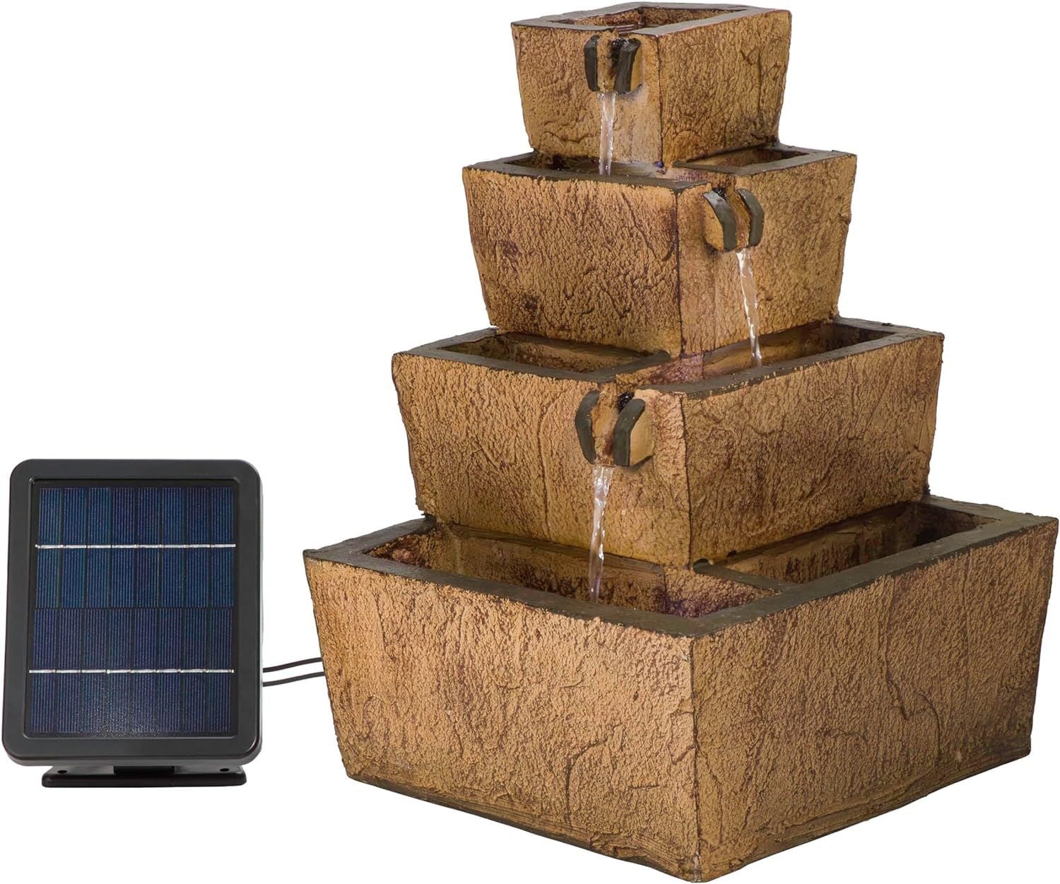 Rustic Brown Solar-Powered Tiered Fountain with LED Lights