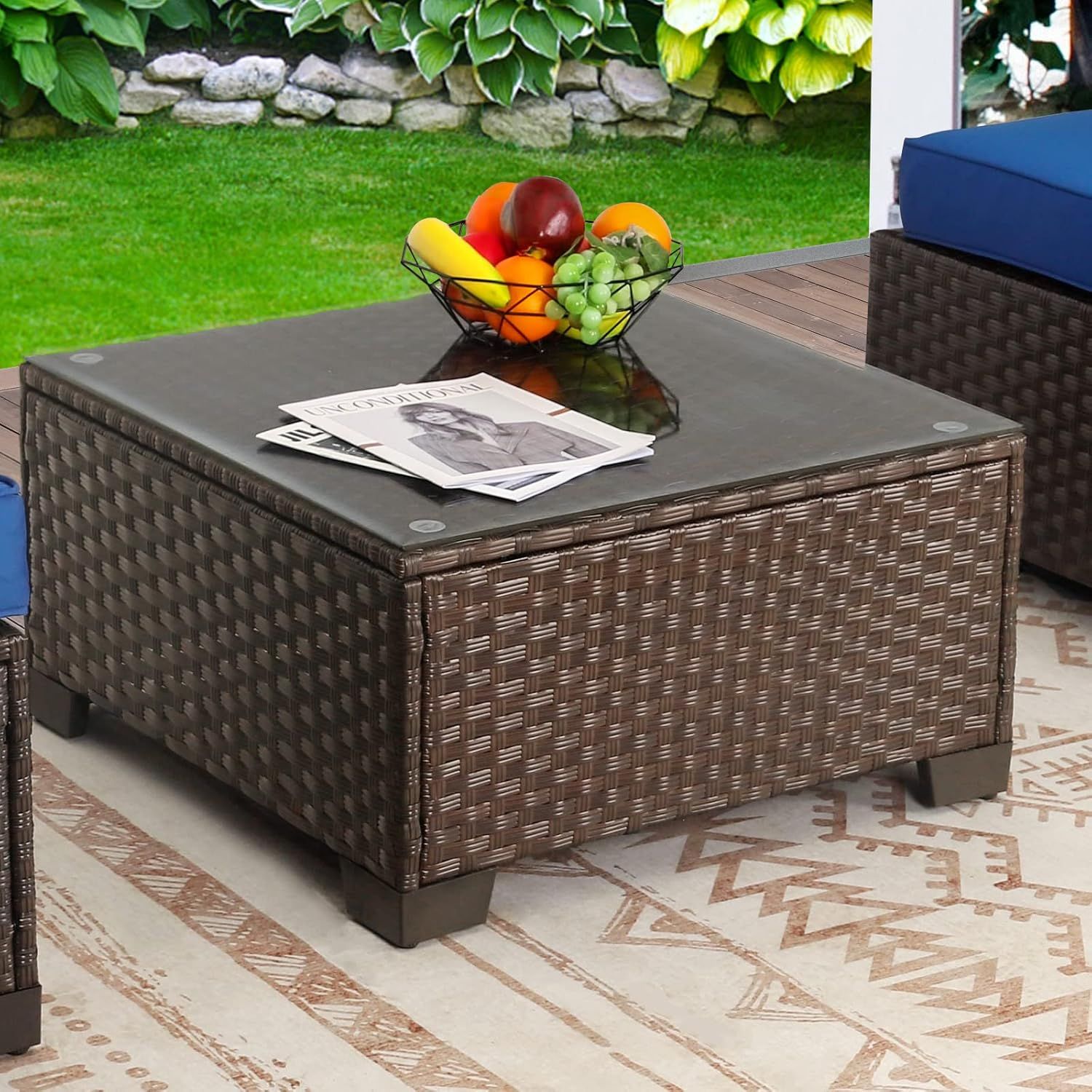 Brown Wicker Outdoor Coffee Table with Tempered Glass Top