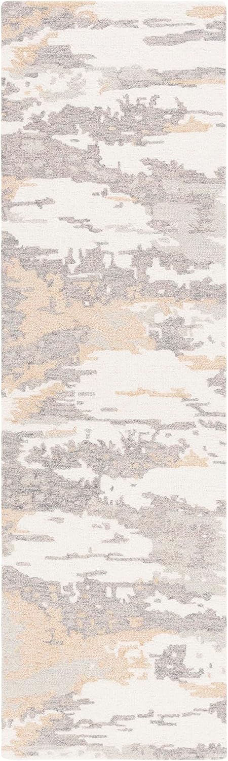 Handmade Abstract Wool Runner Rug - 2'3" x 8', Ivory & Grey