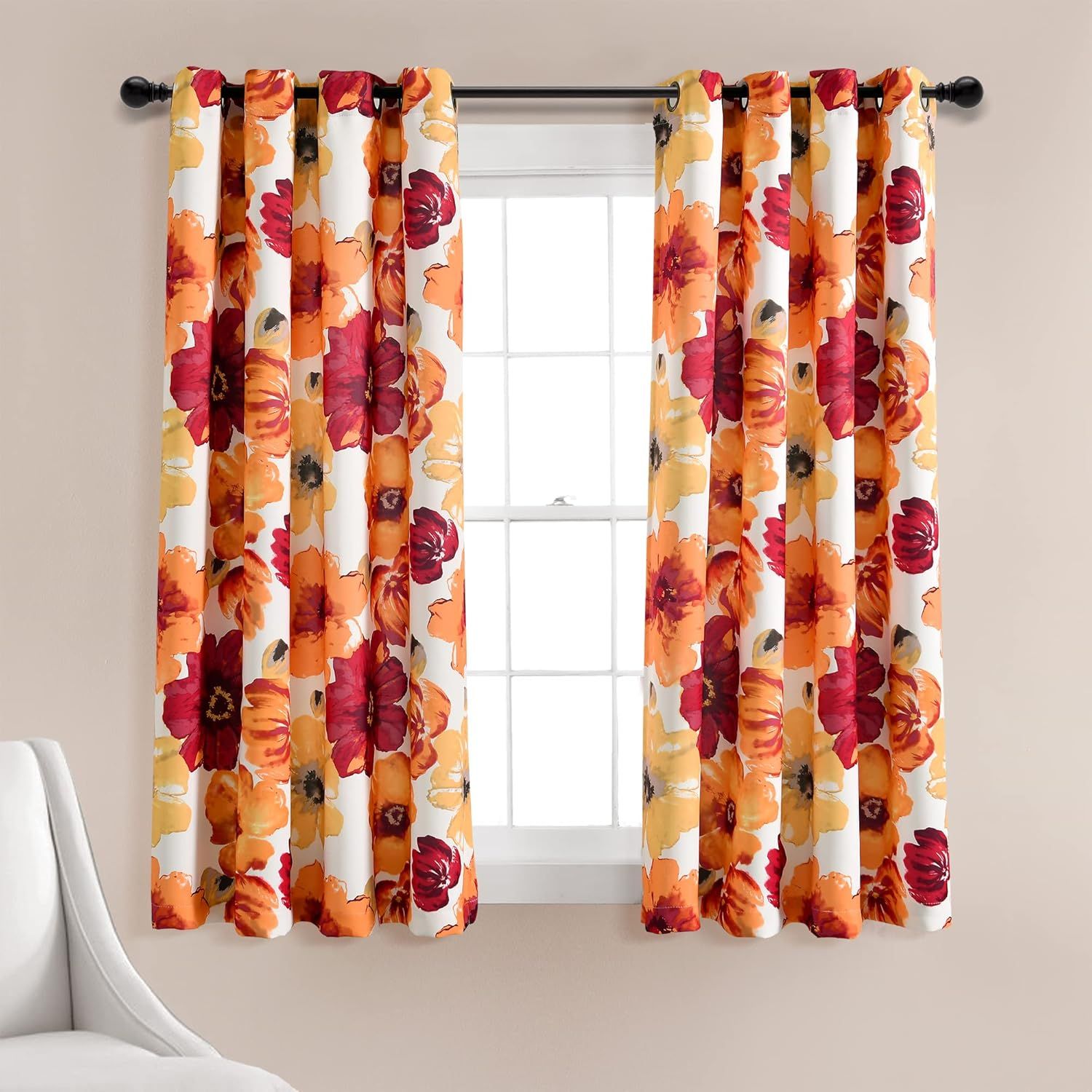 Red Orange Floral Blackout Grommet Window Panels