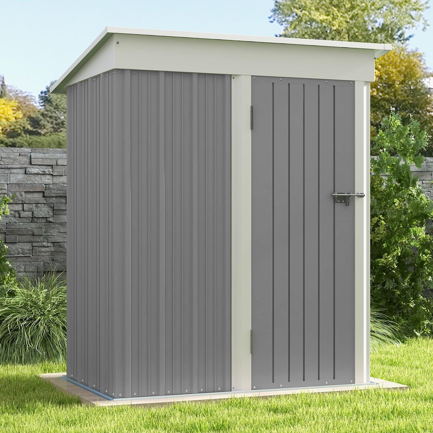 Gray and White Metal Outdoor Storage Shed with Lockable Door