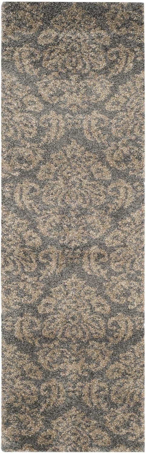 Elegant Grey Beige Floral Shag Runner Rug, 2'3" x 7', Easy Care