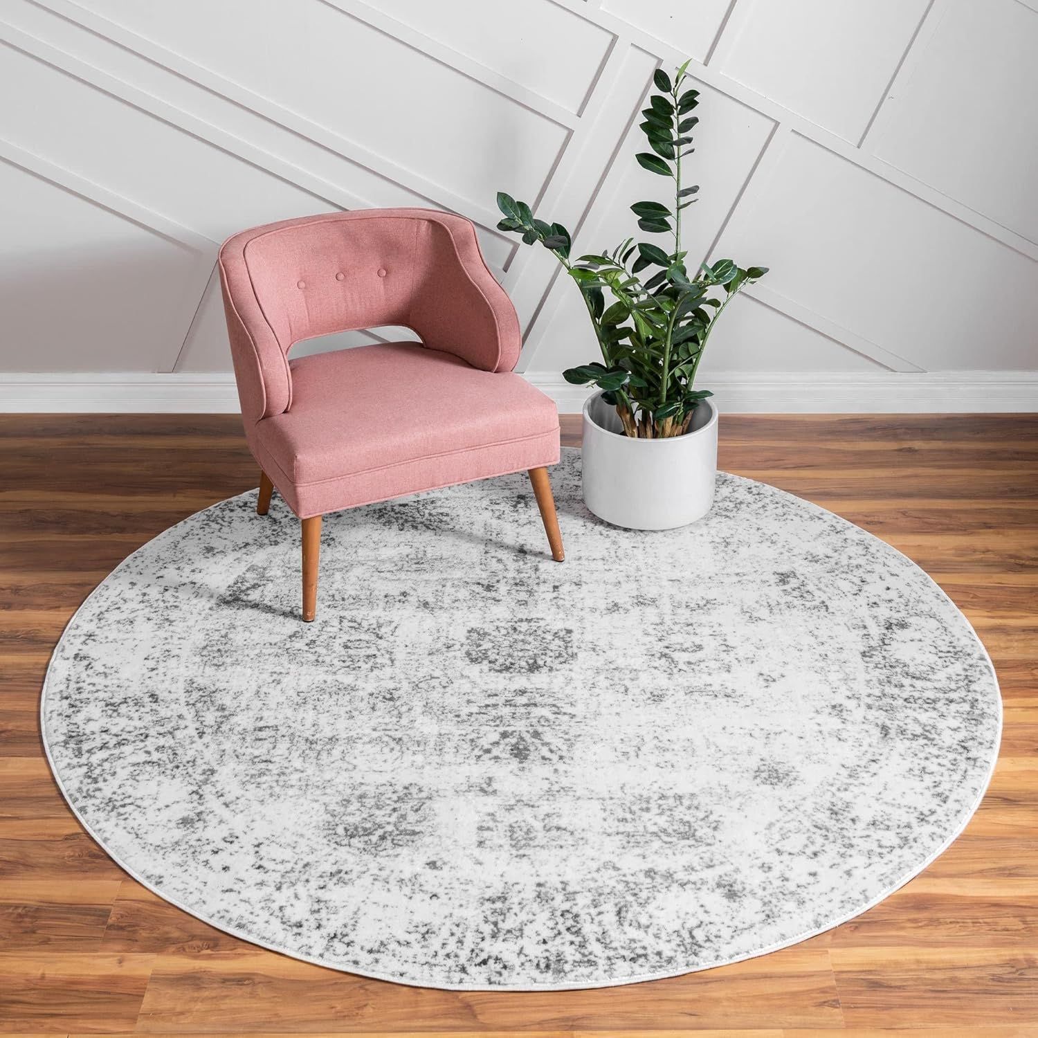 Gray and White Round Floral Synthetic Area Rug