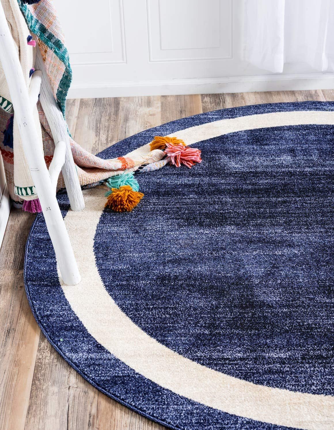 Navy Blue and Ivory Round Tufted Synthetic Area Rug