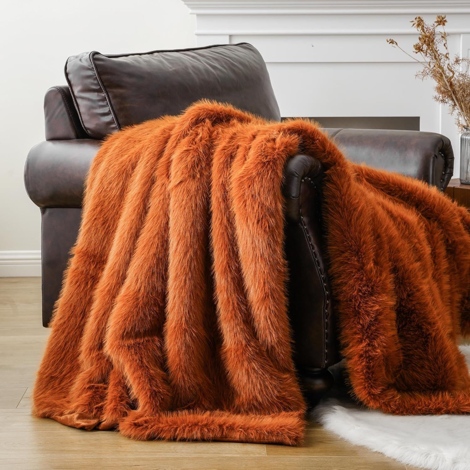 Orange Faux Fur and Velvet Throw Blanket, 50"x60"