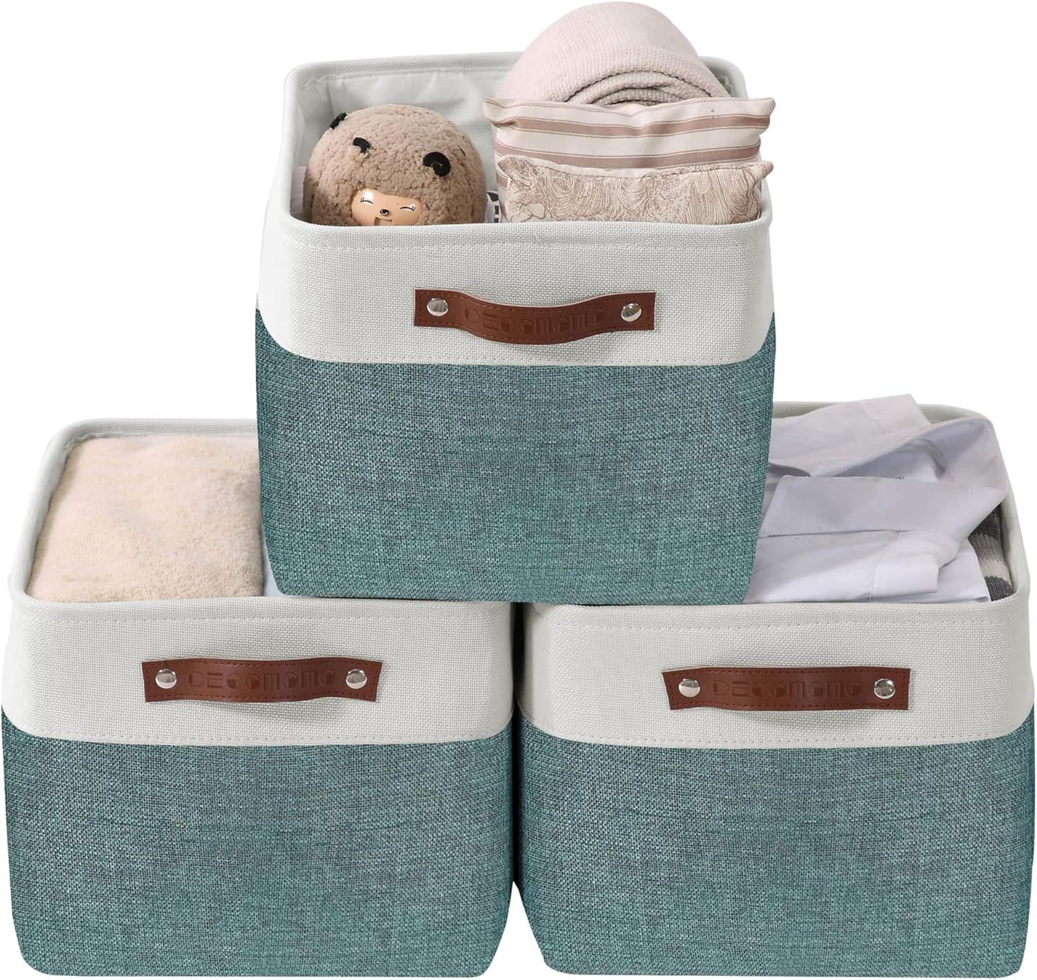 Teal and White Large Fabric Storage Bins with Handles, Set of 3