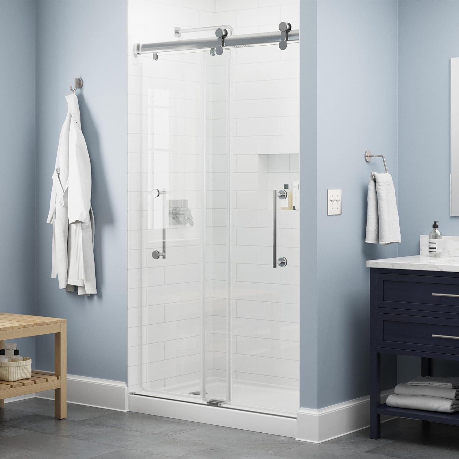 Paxos Frameless Chrome Sliding Shower Door with Clear Glass