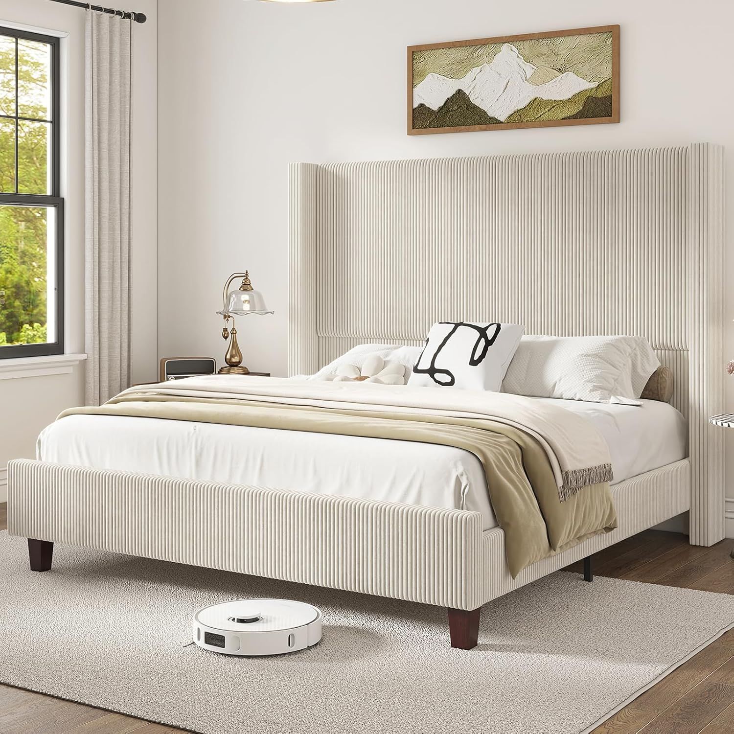 Cream Corduroy Upholstered King Bed with Wingback Headboard