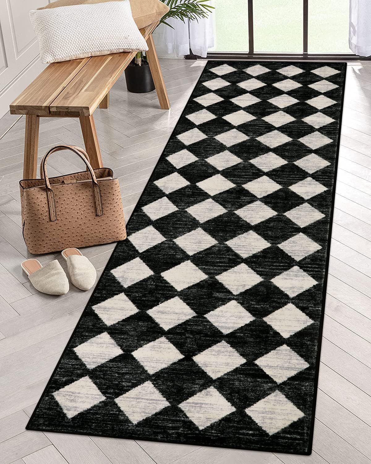 Black and White Diamond Moroccan Trellis Runner Rug