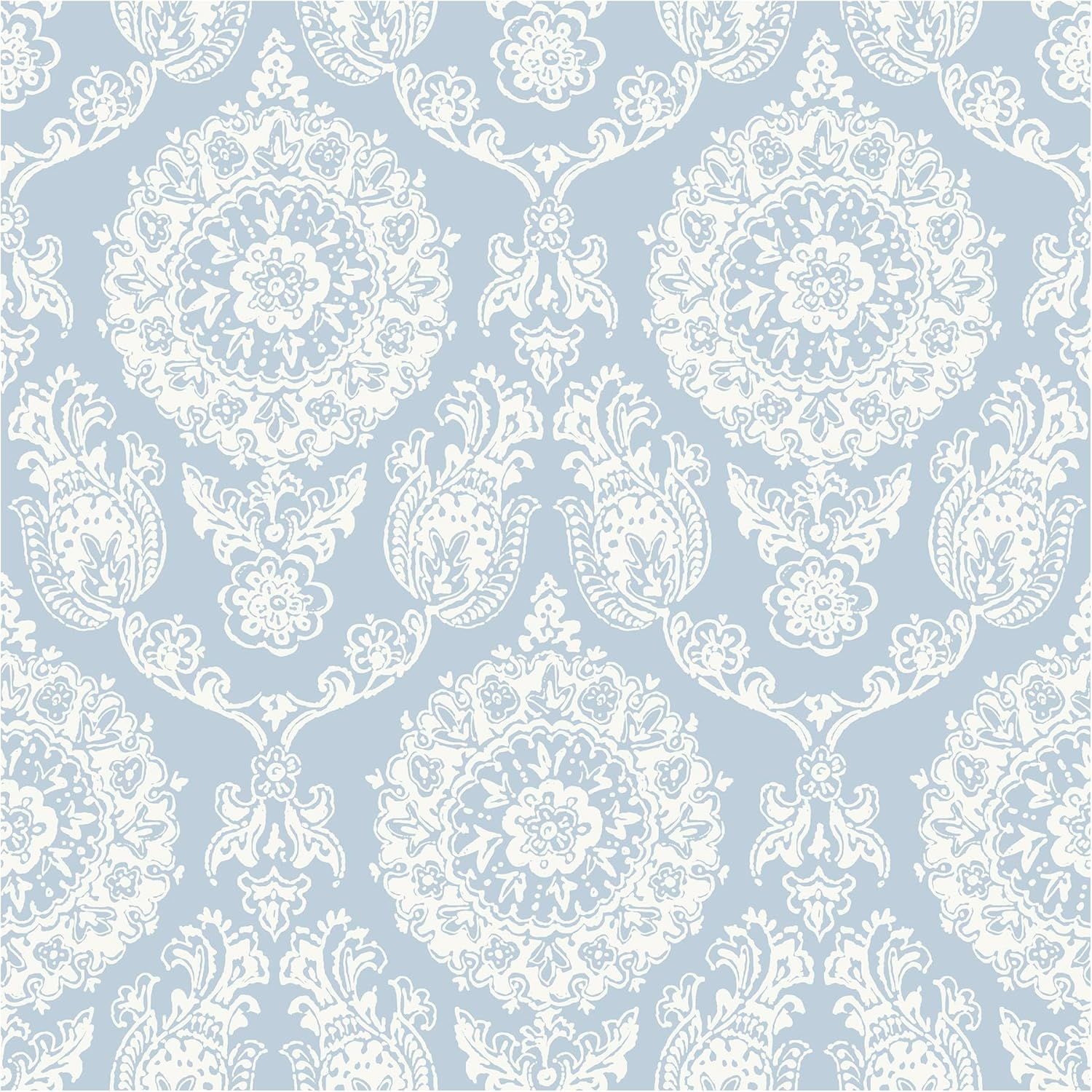 Helm Damask Light Blue and White Floral Medallion Wallpaper