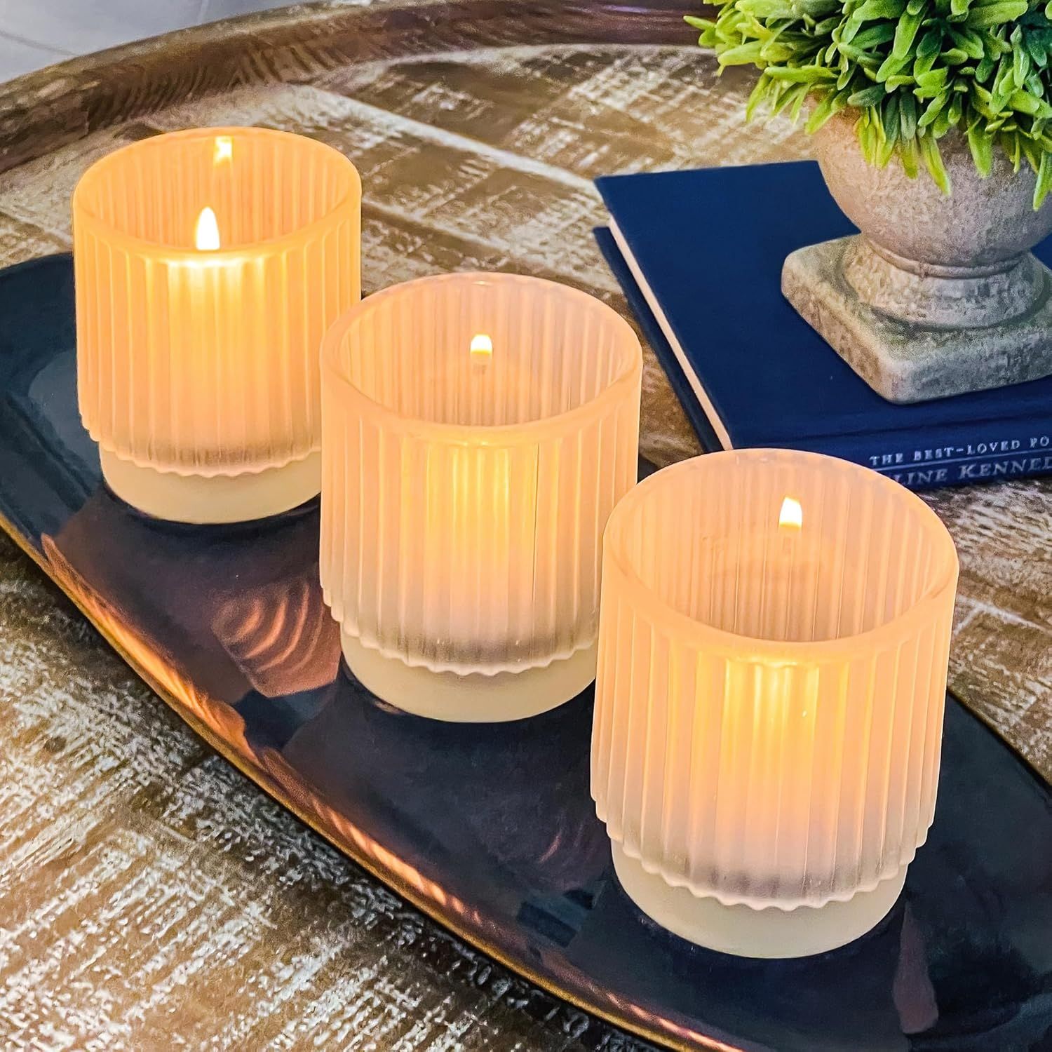 Set of 6 Ribbed Frosted Glass Tealight Candle Holders