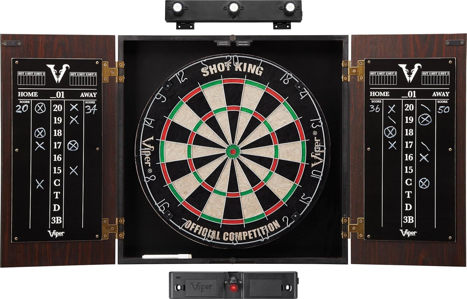 Elite Walnut Finish Bristle Dartboard Cabinet Set with LED Light