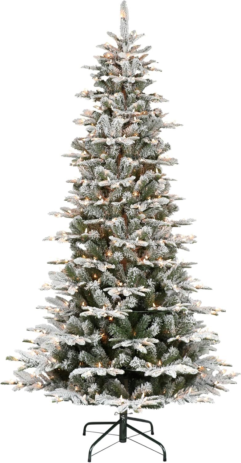 7.5-Foot Slim Flocked Fir Pre-Lit Christmas Tree with White Lights