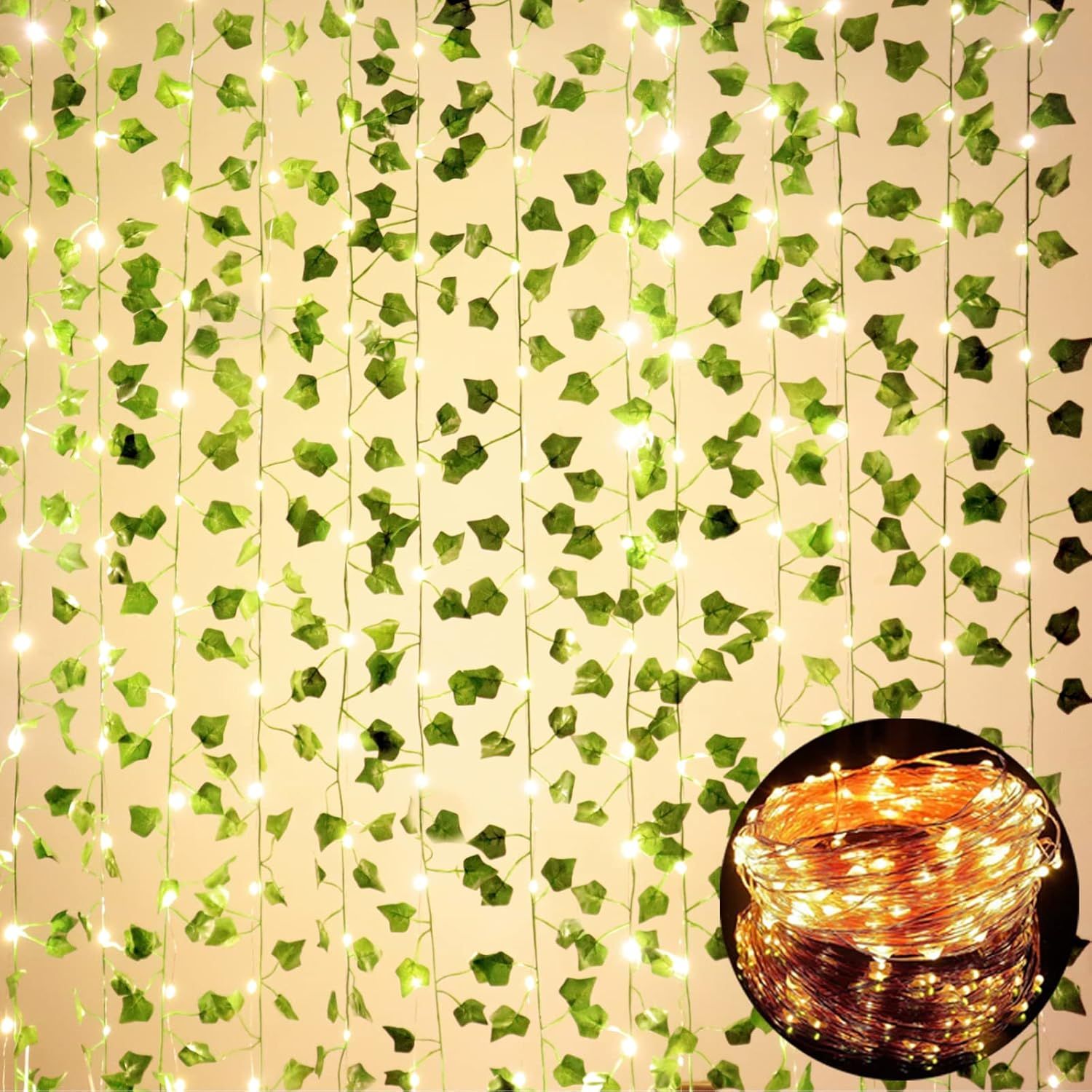 Green Artificial Ivy Garland with LED String Lights for Indoor and Outdoor Decor