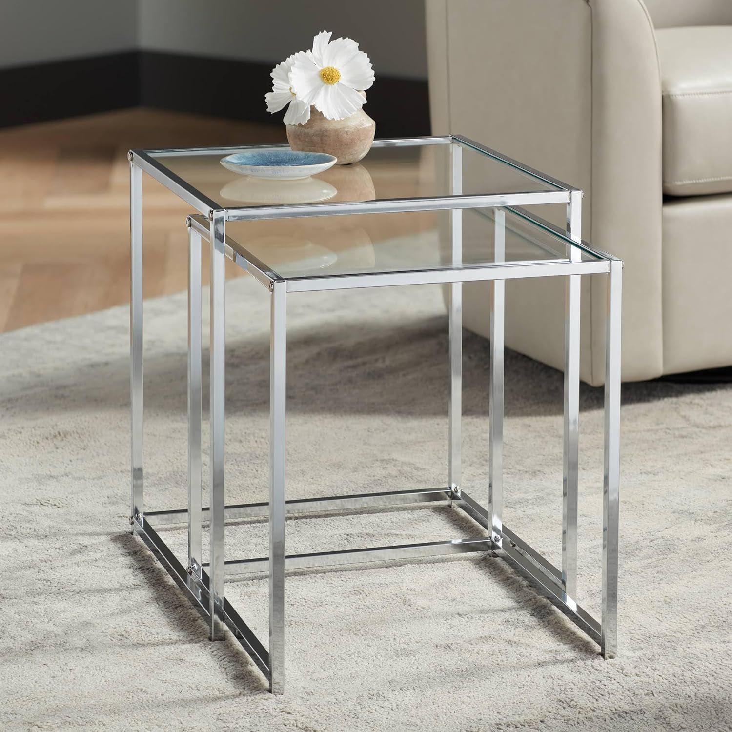 Rodney Chrome and Clear Glass Nesting Accent Tables Set of 2