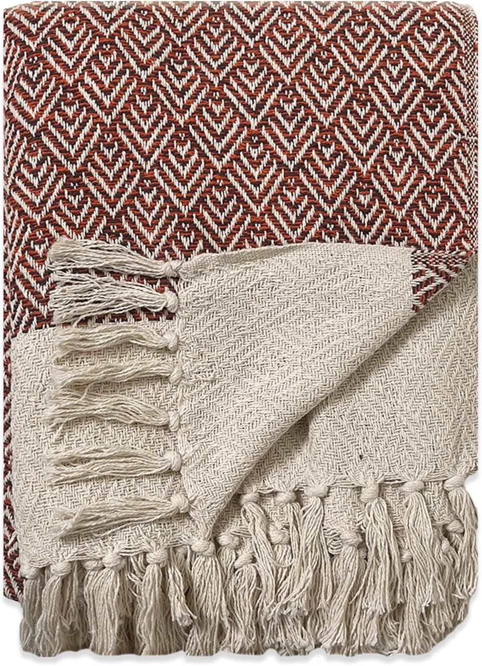 Ivory and Rust Braided Waffle Cotton Throw Blanket