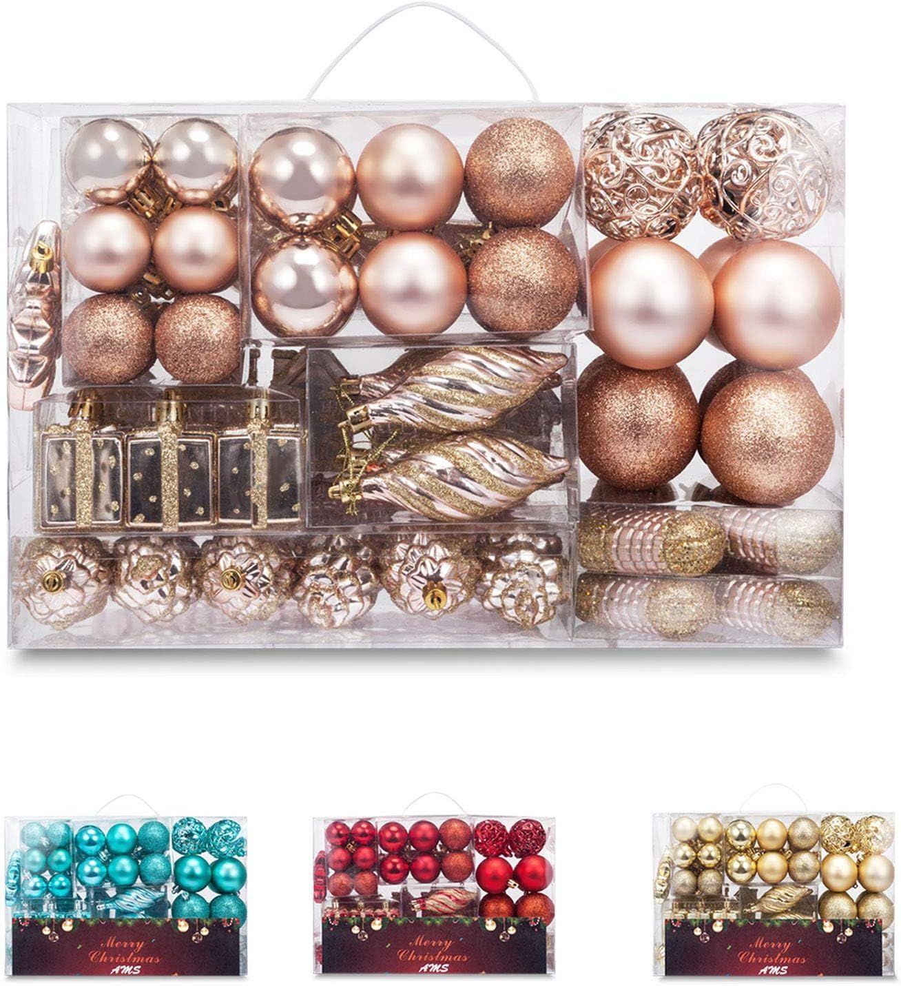 Champagne Shatterproof Christmas Ornament Set with Gift Box, 90 Pieces