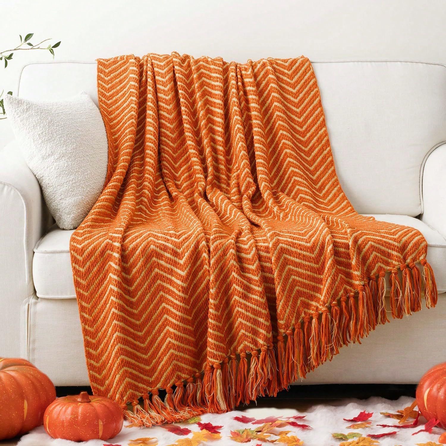 Orange Knitted Reversible Chenille Throw Blanket with Fringe, 50"x60"