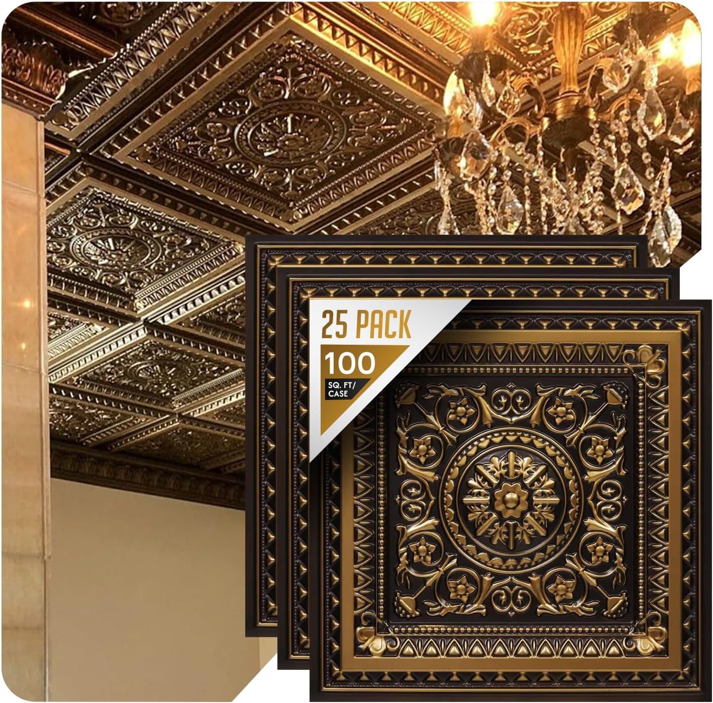 Antique Gold 24" Square PVC Ceiling Tiles, 25-Pack