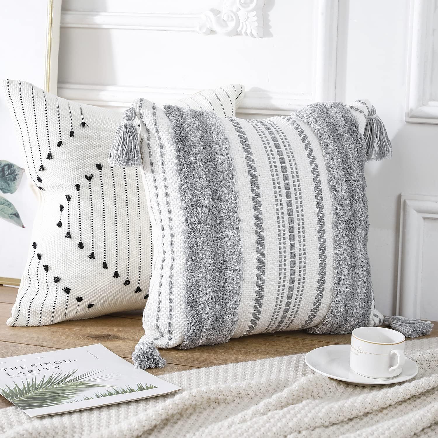 Modern Boho Gray and White Cotton Throw Pillow Set