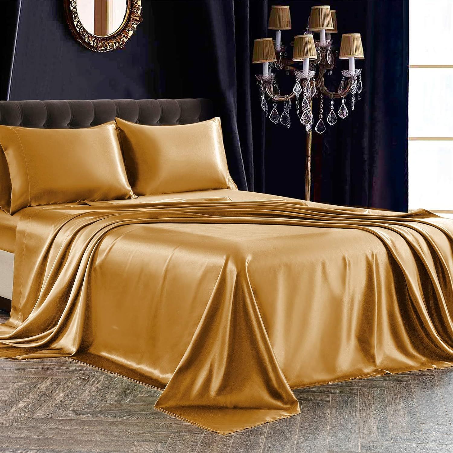 Soft Gold Satin Full Size 4-Piece Bed Sheet Set