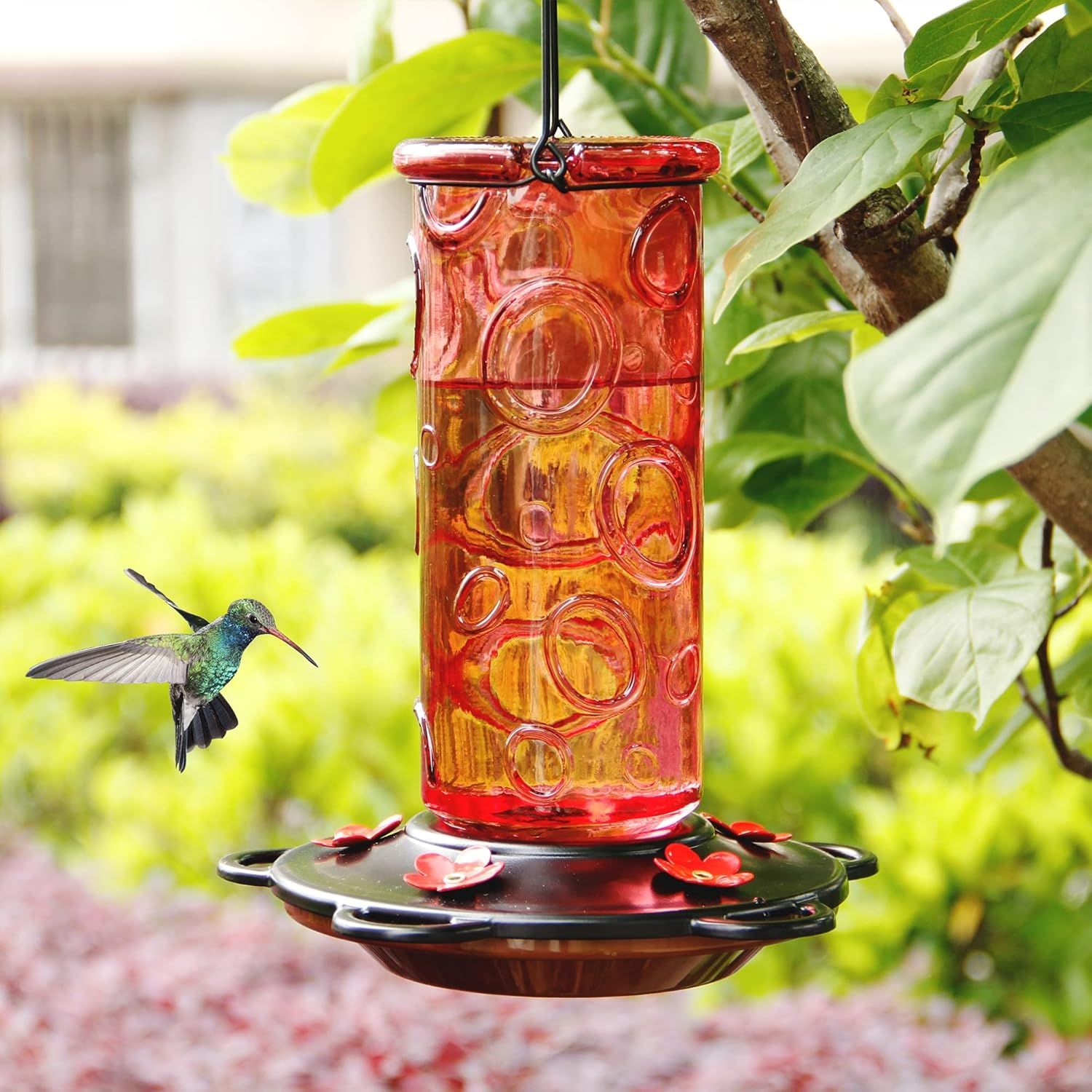 Large Red Glass Hummingbird Feeder with Metal Hanger