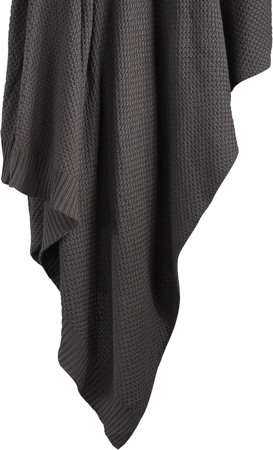 Slate King Size Cotton Knitted Blanket with Ribbed Trim