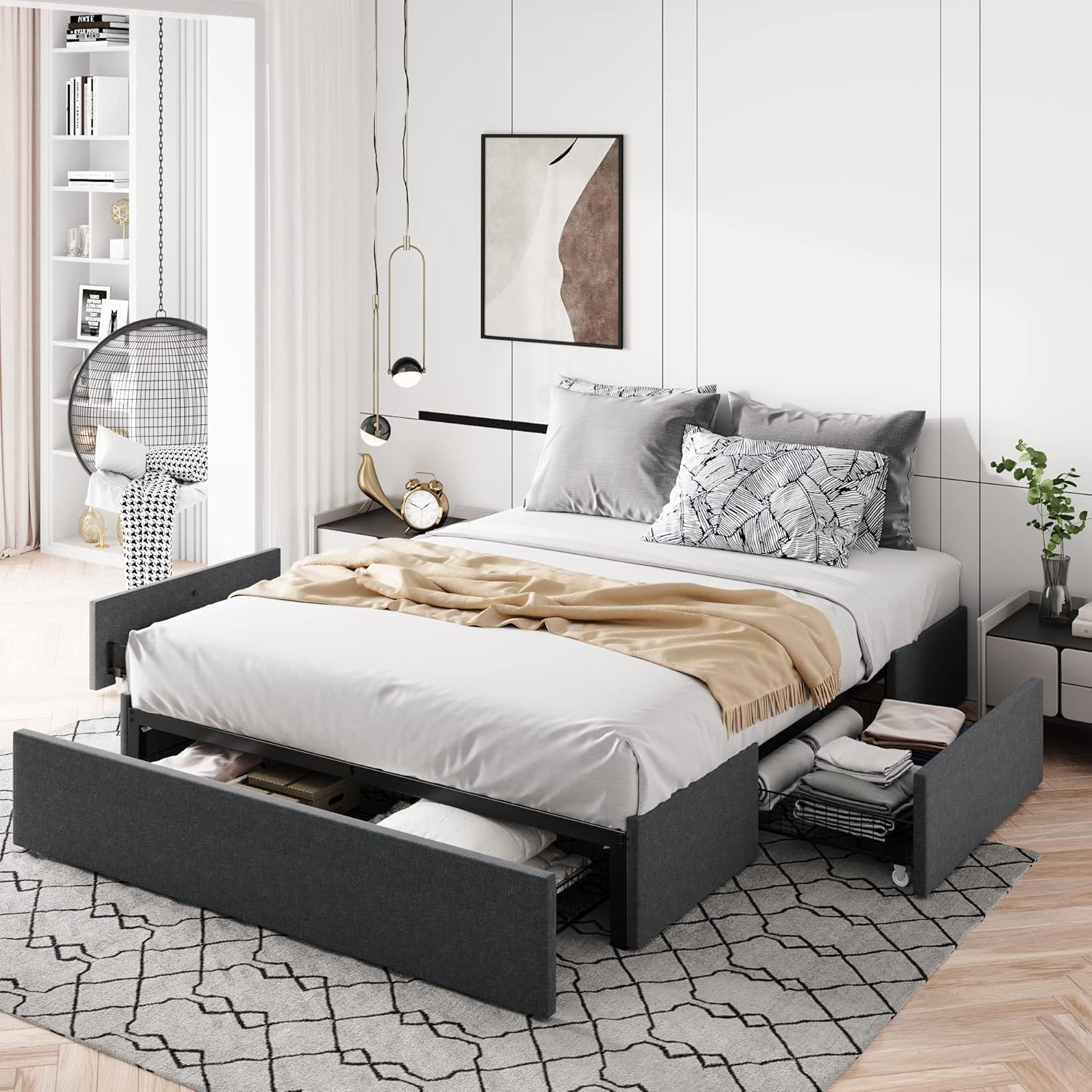 Queen Dark Grey Upholstered Platform Bed with Storage Drawers