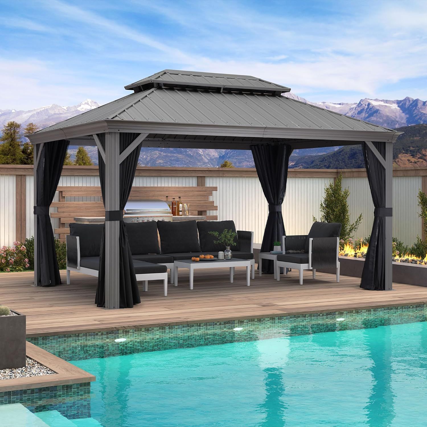 Gray 10' x 14' Hardtop Gazebo with String Lights and Curtains