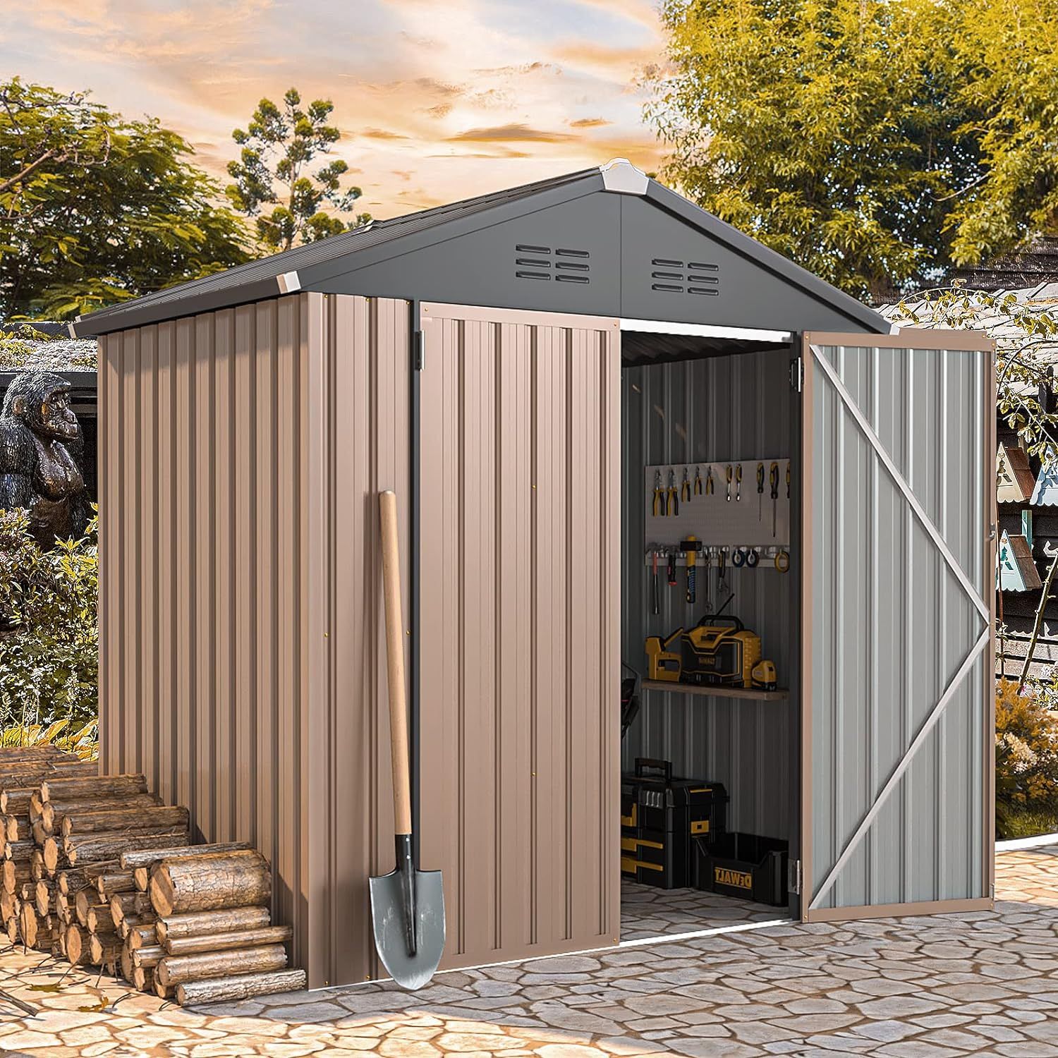 Gray and Brown Metal Outdoor Storage Shed with Lockable Door