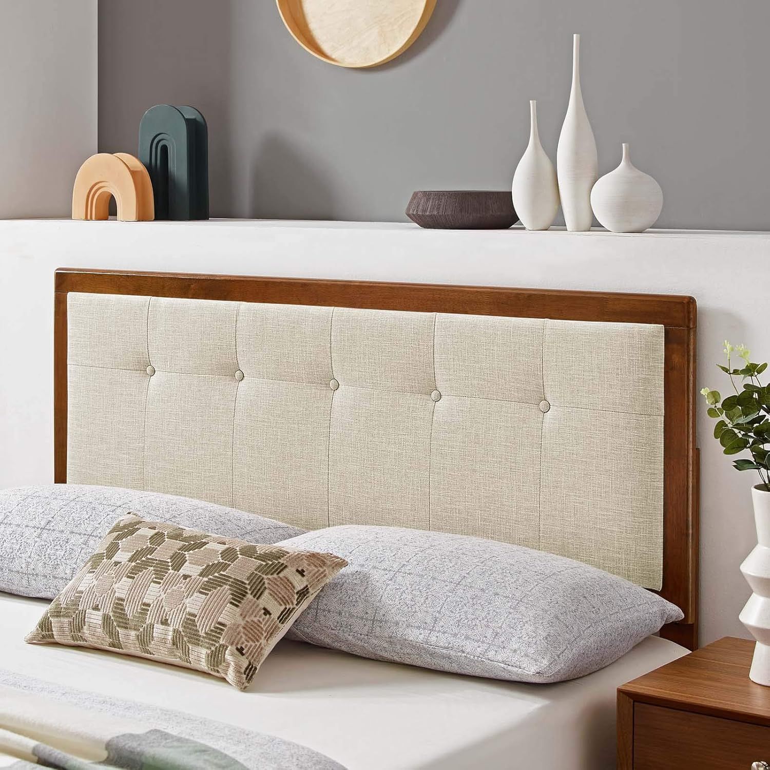 Walnut Beige Tufted Upholstered Queen Wood Headboard