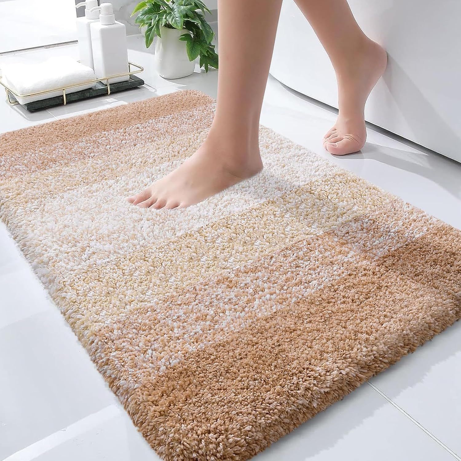 Beige Gradient Microfiber Non-Slip Bathroom Rug 30x20