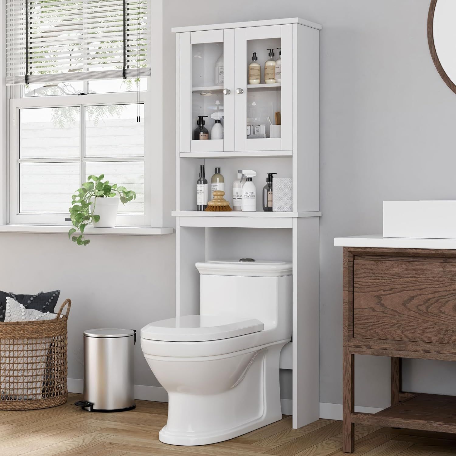 White Adjustable Over-the-Toilet Storage Cabinet with Glass Doors