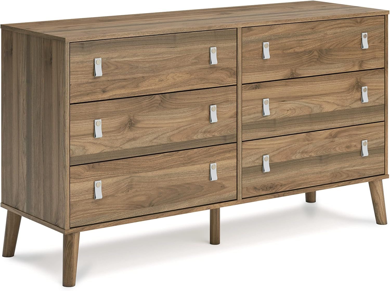 Honey Brown 6-Drawer Dresser with Faux Leather Pulls