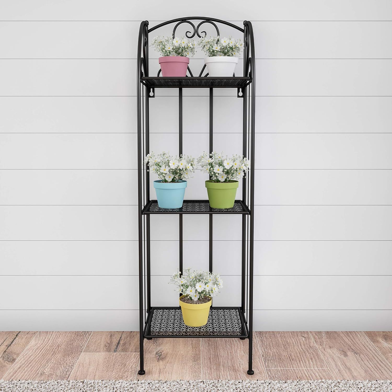 Black Wrought Iron 3-Tier Folding Plant Stand