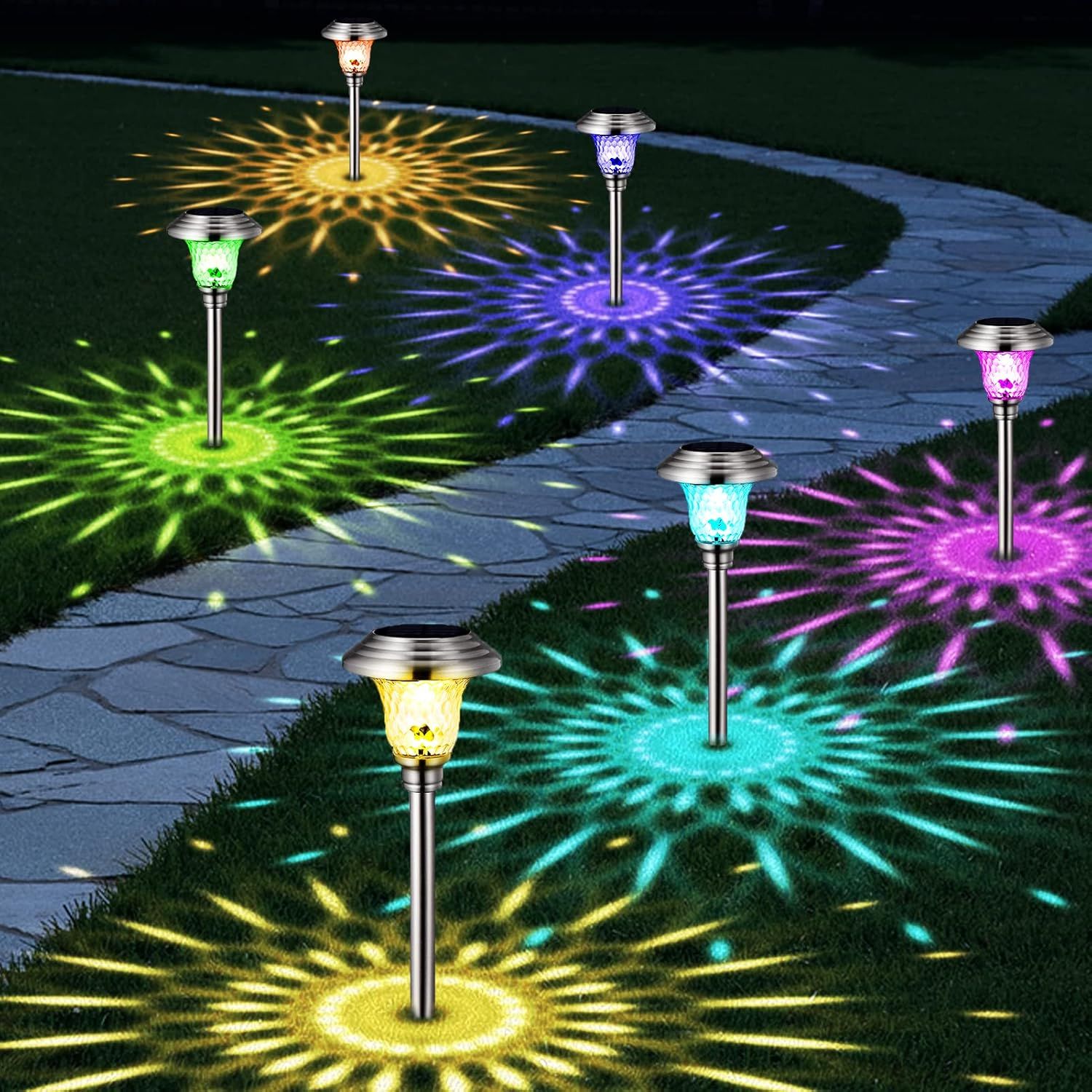 Color-Changing Solar LED Pathway Lights with Glass and Stainless Steel, 8-Pack