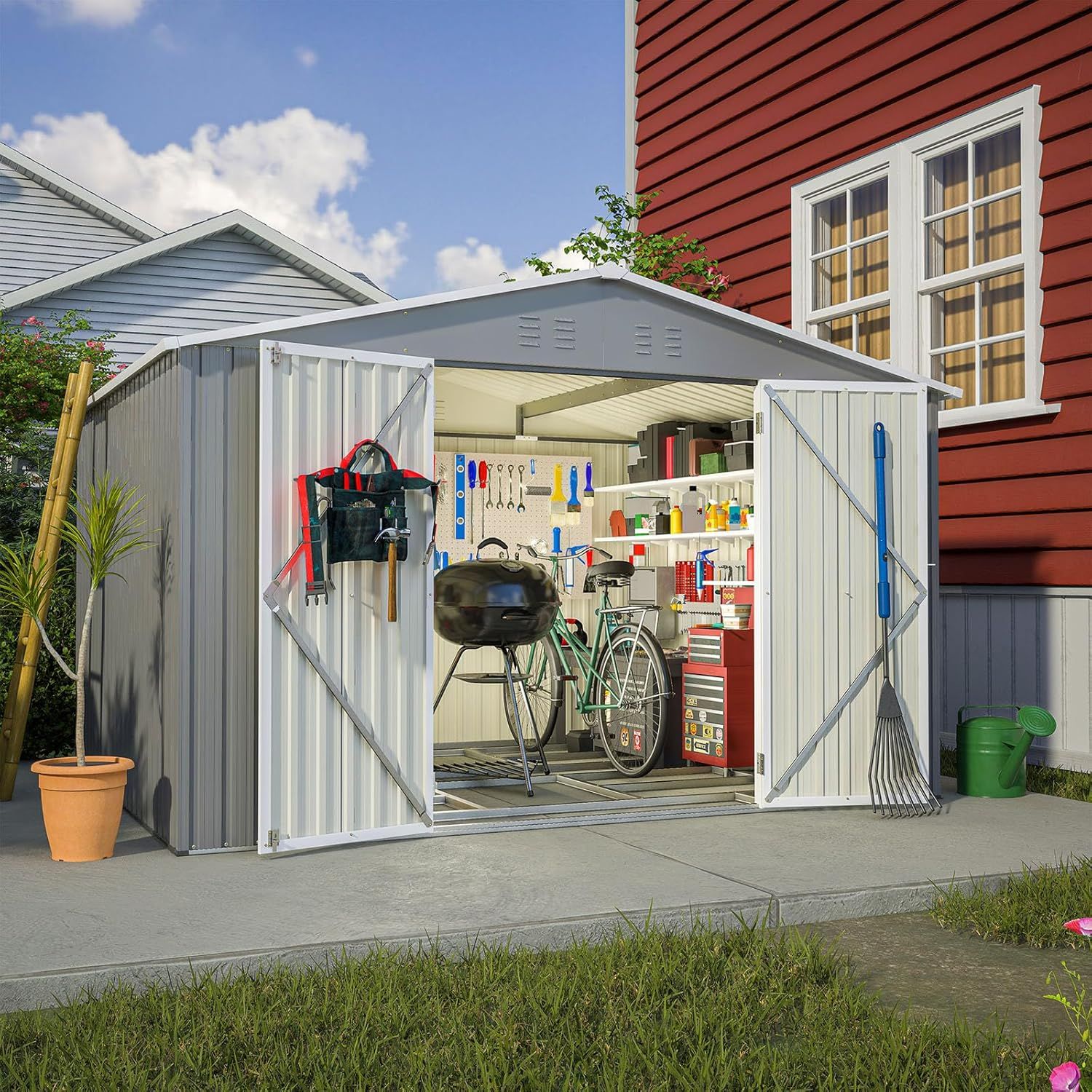 Gray Metal Outdoor Storage Shed with Lockable Doors