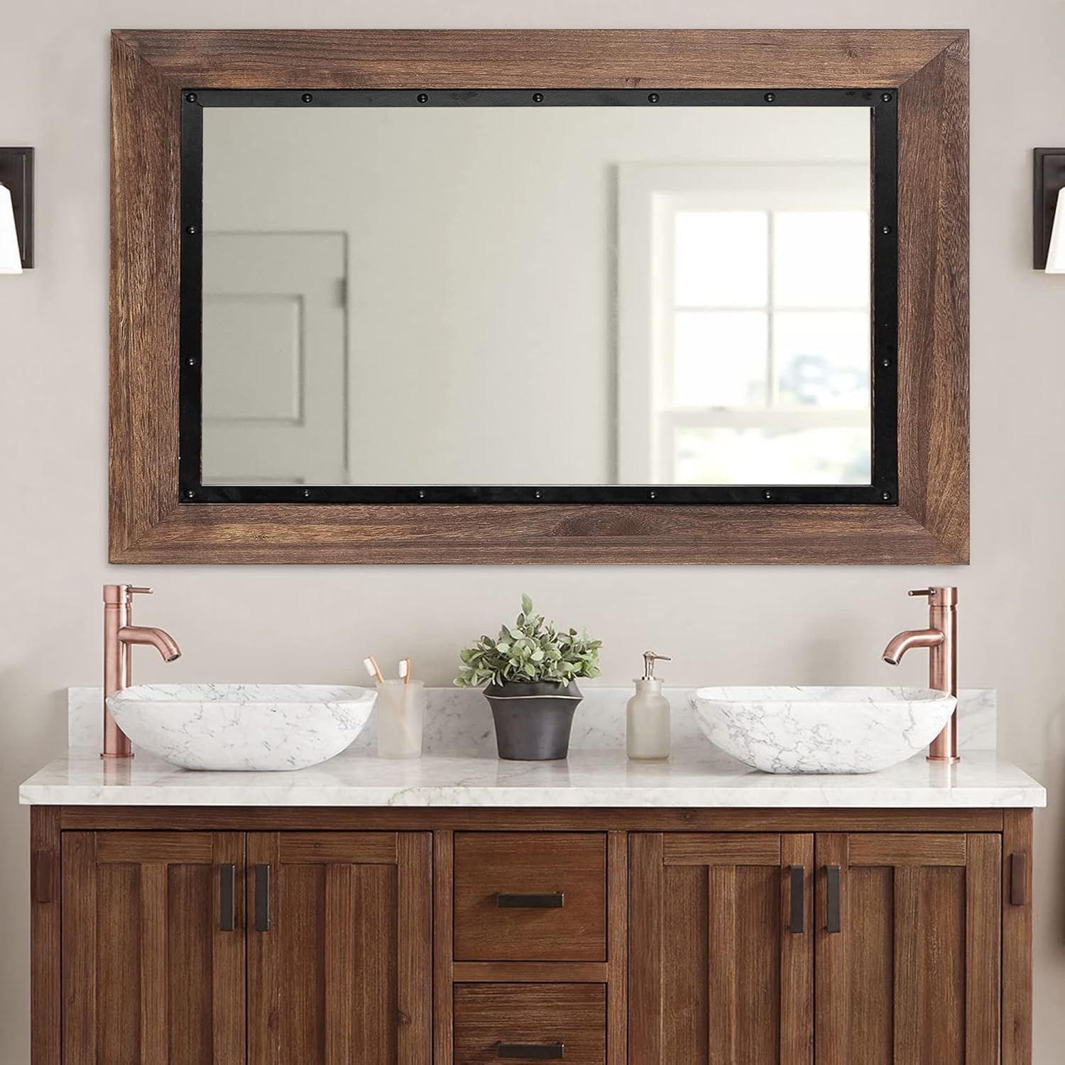 Rustic Rectangular Wood and Iron Bathroom Vanity Mirror