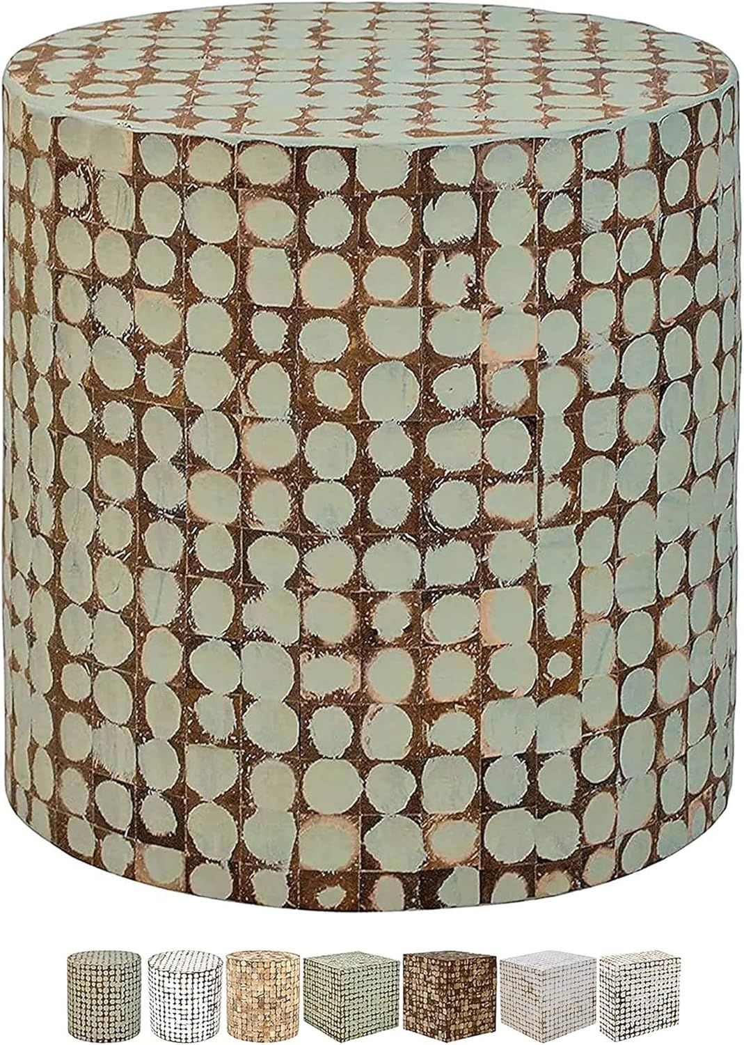 Sage Green Round Coconut Shell Mosaic Wood Side Table