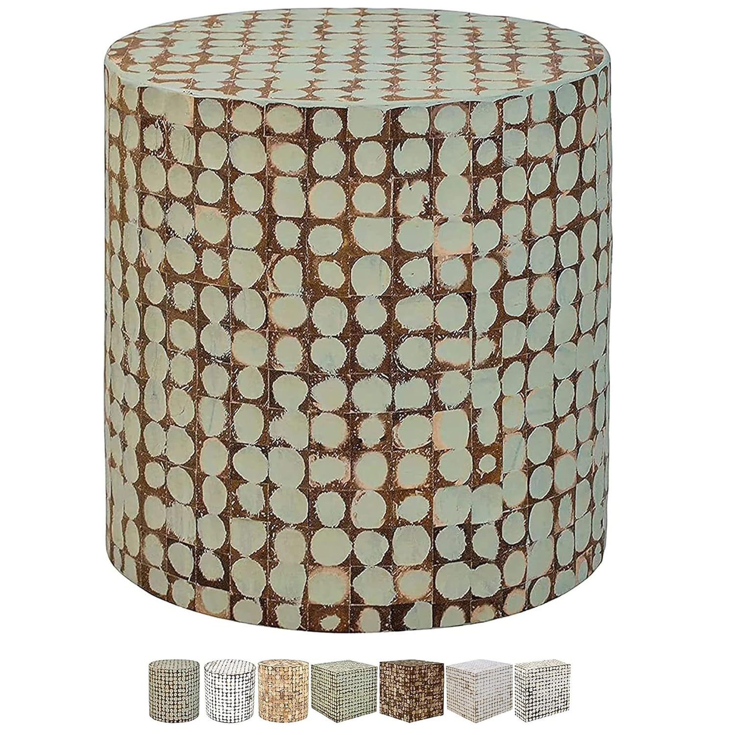 Sage Green Round Coconut Shell Mosaic Wood Side Table