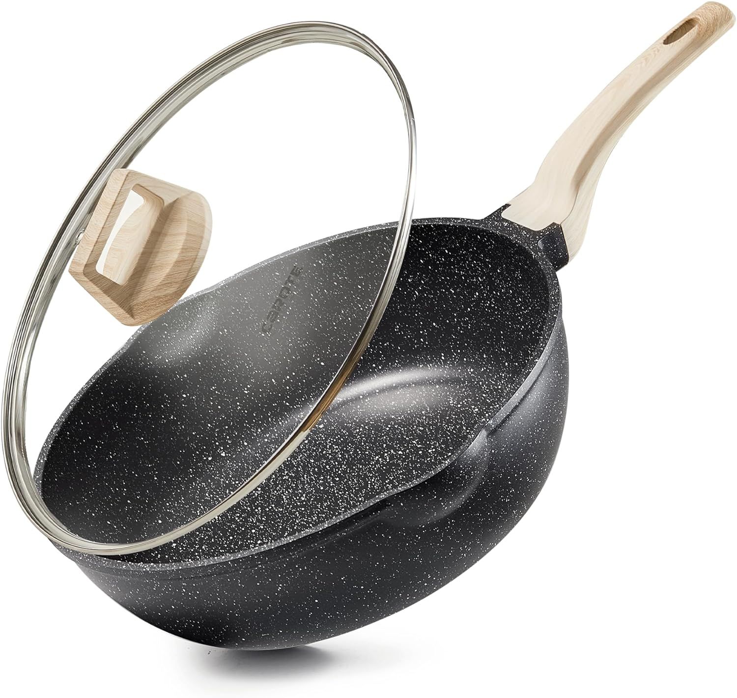 Granite Nonstick Deep Frying Pan with Lid and Wooden Handle