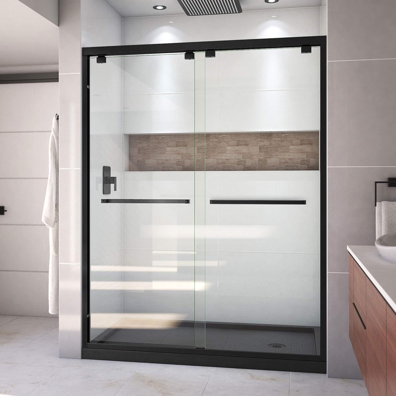 Encore 60" Satin Black Sliding Shower Door with Clear Glass