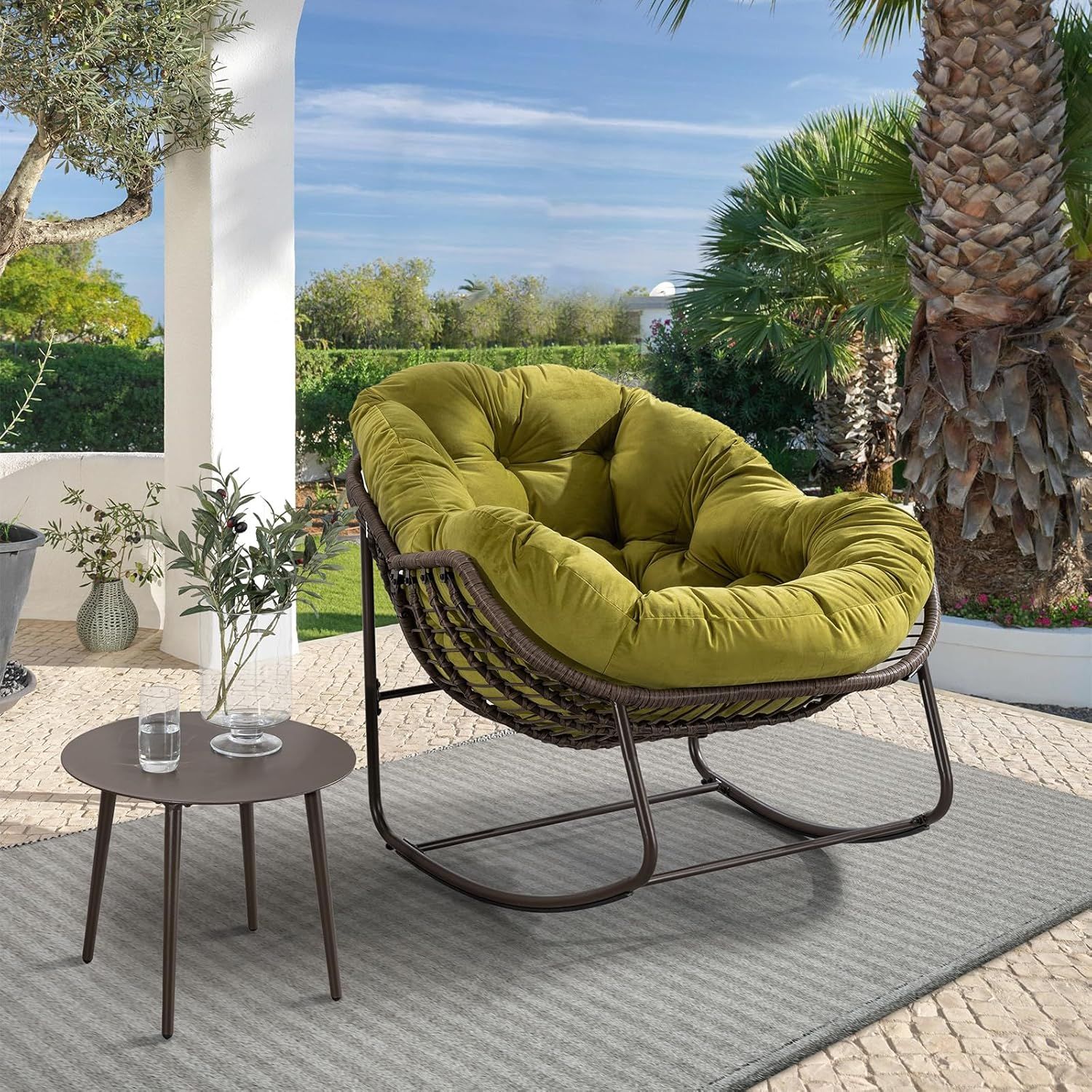 Oversized Olive Green Velvet Rattan Egg Rocking Chair with Cushions