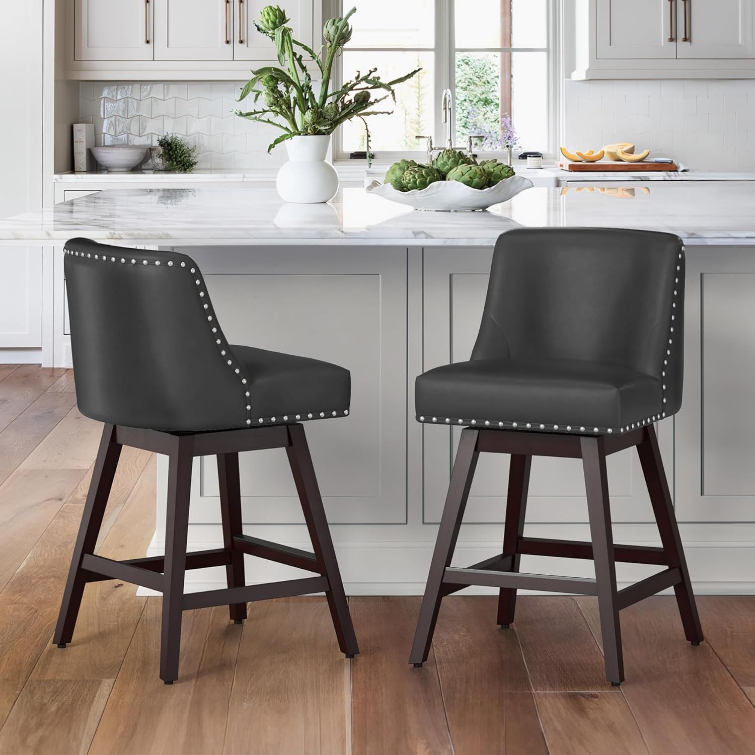 Black Faux Leather Swivel Bar Stools with Wood Legs, Set of 2