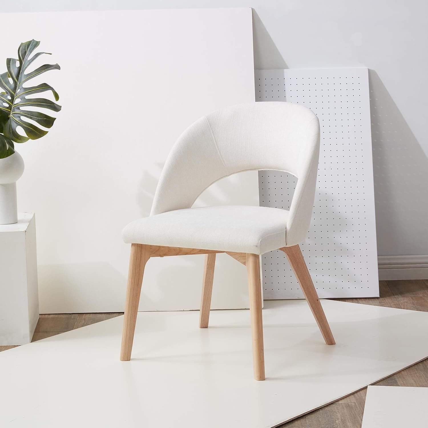 Ivory Linen Upholstered Dining Chair with Natural Wood Legs