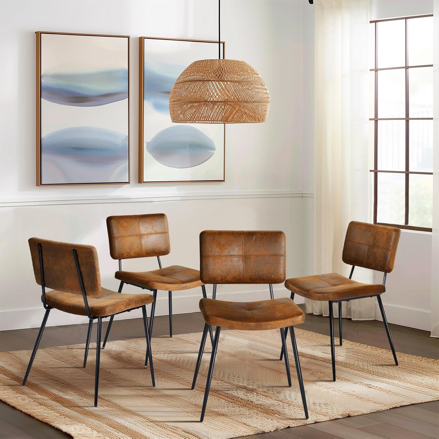 Suede Brown Upholstered Dining Side Chairs with Metal Legs